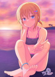 Rule 34 | 1girl, bare arms, bare legs, bare shoulders, barefoot, bear hair ornament, bikini, black bikini, blonde hair, blue eyes, blush, closed mouth, collarbone, commentary request, hair between eyes, hair ornament, hairclip, head tilt, horizon, kaiware-san, looking at viewer, navel, ocean, original, outdoors, palm tree, signature, smile, solo, sunset, swimsuit, tree, water, wet, x hair ornament