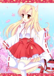 Rule 34 | 1girl, :d, animal ears, blonde hair, cherry blossoms, fox ears, fox tail, frilled skirt, frills, highres, kuze matsuri, lolita fashion, looking at viewer, nontraditional miko, open mouth, original, ribbon-trimmed sleeves, ribbon trim, skirt, smile, solo, standing, standing on one leg, tabi, tail, thighhighs, torii, wa lolita, white thighhighs, wide sleeves, yellow eyes, zettai ryouiki