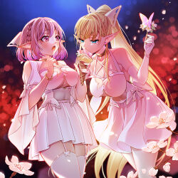 Rule 34 | 2girls, :o, bare shoulders, blonde hair, blue eyes, bow, bracelet, braid, breasts, brown choker, butterfly cutout, choker, cleavage, cleavage cutout, clothing cutout, dress, earrings, elbow gloves, elf, flower, food, garter straps, gloves, hands up, high ponytail, highres, holding, holding food, holding ice cream, ice cream, ice cream cone, jewelry, large breasts, long hair, looking at another, lucid (maplestory), maplestory, mercedes (maplestory), multiple girls, nazo kitsune, open mouth, pantyhose, pink eyes, pink hair, pointy ears, ponytail, short hair, sleeve bow, thighhighs, white bow, white dress, white flower, white gloves, white pantyhose, white thighhighs, zettai ryouiki