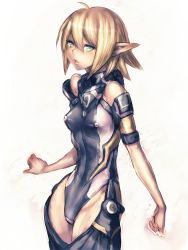 Rule 34 | 1girl, afin, bare shoulders, blonde hair, blue eyes, breasts, covered erect nipples, fumio (rsqkr), genderswap, genderswap (mtf), green eyes, groin, leotard, medium breasts, parted lips, phantasy star, phantasy star online, phantasy star online 2, pointy ears, short hair, sketch, solo, tight clothes