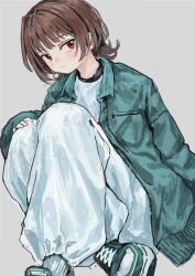 Rule 34 | 1girl, brown hair, expressionless, green jacket, grey background, hand on own knee, highres, jacket, knees up, level9kaito, open clothes, open jacket, original, pants, red eyes, shirt, short hair, simple background, sitting, solo, track pants, white pants, white shirt