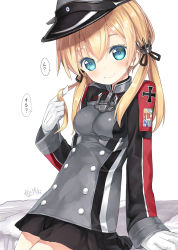 Rule 34 | 10s, 1girl, anchor, anchor hair ornament, black skirt, blonde hair, capriccio, cross, gloves, green eyes, hair ornament, twirling hair, hat, hibanar, highres, iron cross, kantai collection, looking at viewer, low twintails, microskirt, military, military hat, military uniform, peaked cap, pleated skirt, prinz eugen (kancolle), simple background, sitting, skirt, smile, solo, twintails, uniform, white background, white gloves