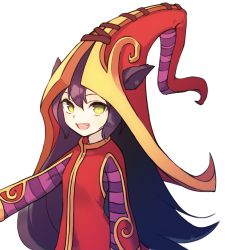 Rule 34 | 1girl, dress, green eyes, haruwakame, hat, league of legends, long hair, long sleeves, lulu (league of legends), open mouth, purple hair, red hat, smile, solo, white background