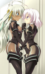 Rule 34 | 2girls, after kiss, ahoge, antenna hair, blue eyes, bodysuit, boots, breasts, dark-skinned female, dark skin, elbow gloves, eye contact, face-to-face, fingering, flat chest, from side, gloves, hair ornament, hizuki aki, holding hands, interlocked fingers, light purple hair, long hair, looking at another, medium breasts, multiple girls, mutual masturbation, nipples, original, pilot suit, purple eyes, saliva, saliva trail, see-through, short hair, skin tight, thigh boots, thighhighs, through clothes, very long hair, white hair, yuri