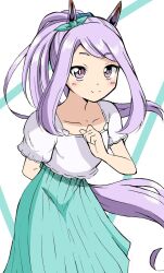 Rule 34 | 1girl, alternate hairstyle, animal ears, arm behind back, blush, bow, closed mouth, collarbone, ear bow, emapippi, feet out of frame, green skirt, highres, horse ears, horse girl, horse tail, long hair, mejiro mcqueen (umamusume), ponytail, purple eyes, shirt, short sleeves, skirt, smile, solo, tail, umamusume, white shirt