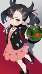 Rule 34 | 1girl, asymmetrical bangs, backpack, bag, black footwear, black hair, black jacket, black nails, blush, boots, buttons, choker, creatures (company), dress, dusk ball, fingernails, game freak, gaogao (gaogaomegu), green eyes, hair horns, highres, holding, holding poke ball, holding strap, jacket, looking at viewer, marnie (pokemon), medium hair, nail polish, nintendo, outstretched arm, pink dress, pointed footwear, poke ball, pokemon, pokemon swsh, red bag, red ribbon, ribbon, twintails