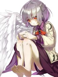 Rule 34 | 1girl, barefoot, blush, braid, cup, dress, feathered wings, feet, french braid, grey hair, highres, holding, holding cup, kishin sagume, knees up, legs, long sleeves, looking at viewer, nail polish, pale skin, parted lips, piyodesu, purple dress, red eyes, red ribbon, ribbon, short hair, simple background, single wing, sitting, soles, solo, toes, touhou, white background, white wings, wing collar, wings