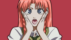Rule 34 | 1girl, :p, blue eyes, dr765, hands on own face, hong meiling, joshi kousei, looking at viewer, parody, red hair, solo, tongue, tongue out, touhou