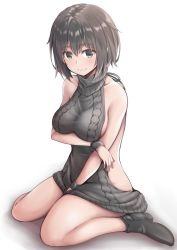 Rule 34 | 1girl, aran sweater, backless dress, backless outfit, bad id, bad pixiv id, bare arms, bare back, bare shoulders, breasts, brown hair, cable knit, dress, green eyes, grey sweater, halterneck, meme attire, naked sweater, original, ribbed sweater, ribucci, short hair, sideboob, solo, sweater, sweater dress, turtleneck, turtleneck sweater, virgin killer sweater