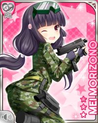 Rule 34 | 1girl, :o, ass, black gloves, black hair, camouflage, camouflage jacket, camouflage pants, card (medium), girlfriend (kari), gloves, goggles, green jacket, green pants, gun, hair ornament, jacket, low twintails, morizono mei, official art, one eye closed, open mouth, orange eyes, pants, pink background, qp:flapper, shirt, shoes, socks, solo, standing, standing on one leg, twintails, weapon, white shirt