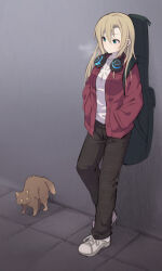 Rule 34 | 1girl, animal, black pants, breath, cat, character request, green eyes, hands in pockets, headphones, headphones around neck, idolmaster, idolmaster cinderella girls, instrument case, jacket, light brown hair, long hair, long sleeves, looking to the side, open clothes, open jacket, pants, parted bangs, red jacket, shirt, shoes, solo, uccow, white footwear, white shirt