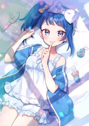 Rule 34 | absurdres, blue bow, blue eyes, blue hair, blue jacket, blush, bow, commentary request, finger to mouth, hair bow, highres, hiiragi syuu, hirogaru sky! precure, jacket, medium hair, open clothes, open jacket, pajamas, precure, side ponytail, single sidelock, smile, sora harewataru, striped bow, vertical-striped bow, yellow bow