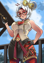 Rule 34 | 1girl, adapted costume, bare shoulders, blush, breasts, butcha-u, cleavage, eyeshadow, eyewear on head, glasses, gloves, hair ornament, hair stick, hand on own hip, highres, large breasts, looking at viewer, makeup, nintendo, open mouth, purah, red-framed eyewear, red eyes, sheikah, sleeveless, solo, the legend of zelda, the legend of zelda: tears of the kingdom, white hair