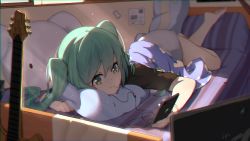 Rule 34 | 1girl, barefoot, blanket, chromatic aberration, earbuds, earphones, electric guitar, green eyes, green hair, guitar, hatsune miku, highres, indoors, instrument, long hair, lying, mouth hold, pillow, solo, twintails, vocaloid, wallpaper, zhayin-san