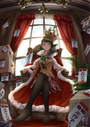 Rule 34 | 1girl, black pantyhose, blouse, blush, book, box, breasts, brown hair, chair, chandelier, cloak, closed mouth, clover, cluseller, crossed legs, crown, curtains, day, feet, female focus, fisheye, four-leaf clover, full body, fur-trimmed cloak, fur trim, green eyes, green neckerchief, green ribbon, hair ribbon, half-closed eyes, happy, highres, hinamizawa kurumi, indoors, japanese text, light particles, long hair, long sleeves, looking at viewer, medium breasts, miniskirt, neckerchief, note, pantyhose, plaid, plaid skirt, plant, pleated skirt, pygmalion. (group), red cloak, red skirt, ribbon, school uniform, shiny clothes, shirt, side ponytail, sitting, skirt, smile, solo, sweater, throne, tilted headwear, translation request, virtual youtuber, white shirt, window, yellow sweater