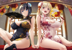 Rule 34 | 2girls, bare shoulders, black dress, black hair, black nails, blonde hair, blue eyes, breasts, bun cover, china dress, chinese clothes, cleavage, cleavage cutout, clothing cutout, commentary request, covered navel, dress, fan hair ornament, figure four sitting, floral print, hand fan, hand up, high heels, highres, holding, holding fan, holding hands, indoors, lantern, large breasts, long hair, looking at viewer, multiple girls, nakajima yuka, open mouth, original, paper lantern, red eyes, red nails, short hair, sitting, sleeveless, sleeveless dress, smile, white dress