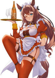 Rule 34 | 1girl, adapted costume, alternate costume, animal ears, apron, aqua eyes, black bow, blue bow, blush, bottle, bow, brown hair, commentary, cup, dress, drinking glass, ear bow, enmaided, hair bow, highres, holding, holding tray, horse girl, horse tail, leg up, long hair, looking at viewer, maid, maid apron, maid headdress, maruzensky (umamusume), one eye closed, puffy sleeves, red dress, red thighhighs, simple background, solo, tail, thigh strap, thighhighs, tray, umamusume, vococo, wavy hair, white background
