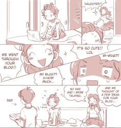 Rule 34 | 1boy, 2girls, artist self-insert, bed, bedroom, comic, computer, english text, father and daughter, friedbun, laptop, monochrome, mother and daughter, multiple girls, real life insert, tablet pc