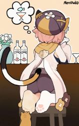 Rule 34 | 1girl, alcohol, animal, animal ear fluff, animal ears, animated, artist name, ass, bar (place), bottle, cat, cat ears, cat girl, cat tail, diona (genshin impact), feet, female focus, flower, foot focus, from behind, genshin impact, hat, looping animation, menthako, paw print socks, pink hair, single sock, socks, soles, solo, stool, tail, toe scrunch, toes, vase, video