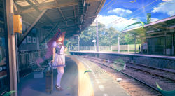 Rule 34 | 1girl, bench, bird, blue bow, blue sky, blush, bow, bowtie, braid, braided ponytail, breasts, brown footwear, brown hair, cloud, commentary request, day, frilled skirt, frills, full body, grass, hair between eyes, hair bow, highres, horse girl, horseshoe ornament, large breasts, long hair, looking at viewer, luggage, miniskirt, open mouth, outdoors, over-kneehighs, pleated skirt, puffy short sleeves, puffy sleeves, purple bow, purple bowtie, purple shirt, reihou19, rolling suitcase, school uniform, shirt, shoes, short sleeves, skirt, sky, smile, solo, suitcase, summer uniform, super creek (umamusume), thighhighs, tracen school uniform, train station, tree, umamusume, very long hair, white skirt, white thighhighs