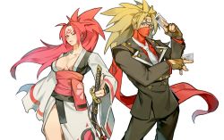 Rule 34 | 1boy, 1girl, answer (guilty gear), arc system works, baiken, belt, blonde hair, blue eyes, breasts, business card, business suit, cleavage, collarbone, facial mark, fingerless gloves, formal, glasses, gloves, guilty gear, guilty gear x, guilty gear xrd, guilty gear xx, japanese clothes, kimono, large breasts, long hair, mask, mouth mask, necktie, pink hair, ponytail, red eyes, red scarf, sash, scar, scar across eye, scar on face, scarf, simple background, suit, sword, thighs, uncle rabbit ii, weapon, white background, white neckwear
