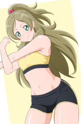 Rule 34 | 1girl, black shorts, breasts, brown hair, cleavage, cowboy shot, cross-body stretch, fuchi (nightmare), green eyes, hair bobbles, hair ornament, high ponytail, highres, long hair, midriff, minamino kanade, navel, ponytail, precure, short shorts, shorts, small breasts, smile, solo, sports bra, standing, stretching, suite precure, yellow sports bra
