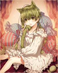 Rule 34 | 1girl, :o, animal ears, between legs, blue ribbon, blush, breasts, candy, cat ears, cat tail, cecilia (shiro seijo to kuro bokushi), cleavage, collarbone, curtains, dress, fang, feet out of frame, frills, green eyes, green hair, hair between eyes, hair ribbon, holding own tail, indoors, kazutake hazano, long hair, long sleeves, looking at viewer, nightgown, off shoulder, open mouth, oversized object, polka dot, puffy long sleeves, puffy sleeves, ribbon, shiro seijo to kuro bokushi, sitting, solo, sparkle, tail, white dress, wrapped candy