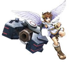 Rule 34 | 1boy, absurdres, angel, blue eyes, bracer, brown hair, full body, gun, highres, huge weapon, kid icarus, male focus, nintendo, official art, open mouth, pit (kid icarus), short hair, solo, transparent background, weapon, wings