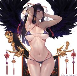 Rule 34 | 1girl, armpits, arms up, bare arms, bare legs, bare shoulders, bikini, black hair, black wings, blunt bangs, breasts, cleavage, criss-cross halter, dated, dead or alive, dead or alive 5, female focus, gtunver, hair ornament, halterneck, hat, highleg, highleg bikini, highres, hime cut, large breasts, layered bikini, legs, long hair, lowleg, lowleg bikini, md5 mismatch, mole, mole under mouth, navel, nyotengu, purple bikini, purple hair, resolution mismatch, sidelocks, simple background, solo, standing, stomach, swimsuit, thigh gap, tokin hat, underboob, veins, veiny breasts, white background, wings