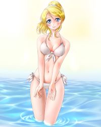 Rule 34 | 10s, 1girl, absurdres, ayase eli, bikini, blonde hair, blue eyes, blush, breasts, cleavage, front-tie top, highres, legs, long hair, long legs, love live!, love live! school idol project, md5 mismatch, medium breasts, miharin, ponytail, resolution mismatch, side-tie bikini bottom, soaking feet, solo, source larger, swimsuit, thigh gap, thighs, wading, water, wet, white bikini