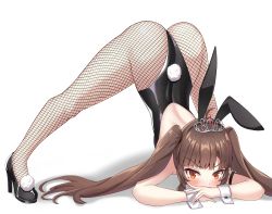 Rule 34 | 1girl, animal ears, armband, aroa (user ffwt4227), bare shoulders, black leotard, blunt bangs, blush, brown hair, covering own mouth, fake animal ears, fishnet pantyhose, fishnets, full body, hair ornament, high heels, highleg, highleg leotard, highres, jack-o&#039; challenge, korean commentary, leotard, lily bloomerchen, long hair, looking at viewer, pantyhose, playboy bunny, red eyes, shadow, simple background, solo, soulworker, spread legs, strapless, strapless leotard, tiara, top-down bottom-up, twintails, v-shaped eyebrows, white background, wrist cuffs