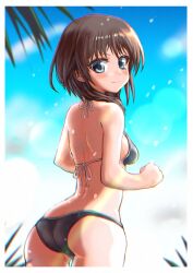 Rule 34 | 1girl, alice gear aegis, ass, back, bare arms, bare shoulders, bikini, black bikini, blue eyes, blurry, blurry foreground, border, breasts, brown hair, closed mouth, cloud, cowboy shot, day, from behind, from side, fuyumaaru, hair over shoulder, highres, kurogane yuuto, light blush, looking at viewer, looking back, medium hair, outdoors, plant, sideboob, sky, small breasts, smile, solo, strap gap, string bikini, swimsuit, white border