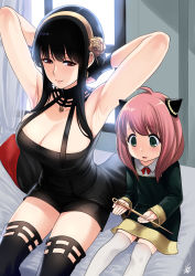 Rule 34 | 2girls, ahoge, anya (spy x family), armpits, arms up, bed sheet, black dress, black gloves, black hair, black shirt, black thighhighs, blouse, breasts, child, cleavage, closed mouth, curtains, dagger, dress, earrings, eden academy school uniform, fingerless gloves, flower, gloves, gold earrings, gold hairband, green eyes, hair flower, hair ornament, hairband, highres, holding, holding dagger, holding knife, holding weapon, horn ornament, horns, jewelry, knife, large breasts, long hair, looking at another, looking at object, looking down, looking to the side, mother and daughter, multiple girls, neck ribbon, open mouth, pink hair, red eyes, red ribbon, ribbon, rose, school uniform, shirt, side-by-side, sidelocks, signature, sitting, skirt, smile, spikes, spy x family, thai commentary, thighhighs, tight clothes, tight dress, two-sided dress, two-sided fabric, weapon, white legwear, window, xter, yellow skirt, yor briar, zettai ryouiki