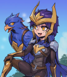 Rule 34 | 1girl, :d, animal, armor, belt, bird, black bodysuit, blue cape, blue hair, bodysuit, boots, brown belt, brown footwear, brown gloves, bush, cape, day, gloves, knee up, league of legends, lower teeth only, open mouth, orange eyes, outdoors, phantom ix row, quinn (league of legends), short hair, shoulder armor, sitting, smile, teeth, thigh boots, thighhighs, valor (league of legends)
