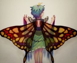 Rule 34 | 1girl, antennae, aqua hair, brown eyes, butterfly wings, dress, eternity larva, fairy, feet out of frame, from behind, green dress, highres, insect wings, leaf, leaf on head, looking back, multicolored clothes, multicolored dress, short hair, short sleeves, solo, touhou, wings, zero nana