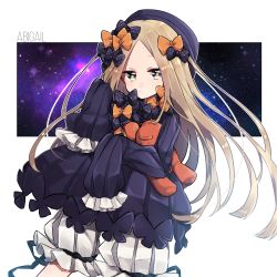 Rule 34 | 1girl, abigail williams (fate), absurdres, black bow, black dress, black hat, blonde hair, bloomers, blue eyes, bow, bug, butterfly, character name, closed mouth, dress, fate/grand order, fate (series), forehead, hair bow, hat, highres, hugging object, insect, long hair, long sleeves, looking at viewer, orange bow, parted bangs, polka dot, polka dot bow, sasakura (npdk7484), sleeves past fingers, sleeves past wrists, solo, space, stuffed animal, stuffed toy, teddy bear, underwear, very long hair, white background, white bloomers