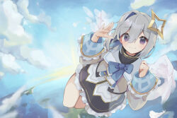 Rule 34 | 1girl, absurdres, amane kanata, amane kanata (1st costume), angel wings, asymmetrical bangs, black skirt, blue bow, blue bowtie, blue hair, blue sky, blush, bob cut, bow, bowtie, closed mouth, colored inner hair, cropped jacket, feathered wings, flying, grey hair, grey jacket, hair over one eye, halo, highres, hololive, jacket, long sleeves, looking at viewer, multicolored hair, purple eyes, sailor collar, shirt, short hair, single hair intake, skirt, sky, sleeve cuffs, smile, solo, star halo, turtleneck, virtual youtuber, waving, white shirt, white wings, wings, xivi9