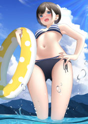 Rule 34 | 1girl, bikini, black hair, blue eyes, blush, breasts, cloud, day, from below, full-face blush, hand on own hip, highres, innertube, mottsun (i 40y), mountainous horizon, navel, open mouth, original, outdoors, parted bangs, short hair, small breasts, solo, striped bikini, striped clothes, swim ring, swimsuit, water