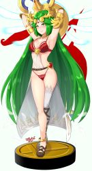 Rule 34 | 1girl, absurdres, armlet, armpits, arms up, artist name, blush, bra, breasts, choker, cleavage, collarbone, full body, green eyes, green hair, high heels, highres, jewelry, kid icarus, large breasts, lingerie, long hair, looking at viewer, matching hair/eyes, navel, necklace, nintendo, palutena, panties, red bra, red panties, sarukaiwolf, shield, single thighhigh, smile, solo, standing, super smash bros., thighhighs, tiara, underwear, underwear only, very long hair, weapon, white thighhighs