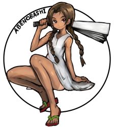 Rule 34 | 1girl, abenobashi mahou shoutengai, arm support, asahina arumi, bare arms, bare legs, bare shoulders, blush stickers, braid, brown eyes, brown hair, commentary request, copyright name, dakusuta, dress, flip-flops, full body, hair over shoulder, hand fan, harisen, highres, holding, long hair, no socks, paper fan, parted bangs, red eyes, sandals, simple background, sitting, sleeveless, sleeveless dress, solo, sundress, tan, tanline, twin braids, white background, white dress
