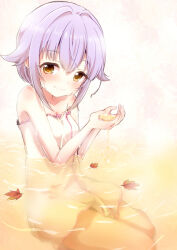 Rule 34 | 1girl, autumn leaves, bare shoulders, bathing, blush, breasts, brown eyes, closed mouth, collarbone, dot nose, from side, hair flaps, hair intakes, hands up, idolmaster, idolmaster cinderella girls, idolmaster cinderella girls starlight stage, koshimizu sachiko, leaf on liquid, looking at viewer, naked towel, numahito, purple hair, short hair, sitting, small breasts, smile, solo, steam, towel, water, wet