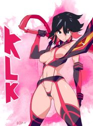 Rule 34 | 10s, 1girl, :&lt;, adapted costume, alternate costume, areola slip, bad id, bad pixiv id, black hair, boots, breasts, doxy, elbow gloves, frown, garter belt, garter straps, gloves, hairpods, kill la kill, large breasts, matoi ryuuko, multicolored hair, over shoulder, red hair, revealing clothes, scissor blade (kill la kill), senketsu, short hair, sideboob, slingshot swimsuit, suspenders, swimsuit, sword, sword over shoulder, thigh boots, thighhighs, two-tone hair, weapon, weapon over shoulder