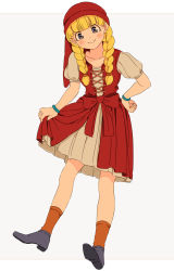 Rule 34 | 1girl, blonde hair, blue eyes, blush, bracelet, braid, closed mouth, dragon quest, dragon quest xi, dress, earrings, hair over shoulder, hat, jewelry, long hair, looking at viewer, miyama (kannsannn), red hat, simple background, smile, solo, square enix, twin braids, veronica (dq11)