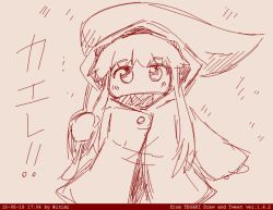Rule 34 | 10s, 1girl, abyssal ship, chibi, dated, hood, hooded jacket, ichimi, jacket, kantai collection, leaf umbrella, long hair, looking at viewer, monochrome, northern ocean princess, red theme, sketch, solo, tegaki, translation request