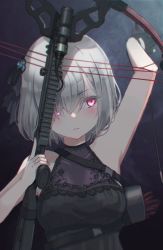Rule 34 | 1girl, arm behind head, armpits, bare shoulders, black gloves, black ribbon, blush, bow (weapon), breasts, crossbow, crossbow bolt, gloves, hair over one eye, hair ribbon, holding, holding bow (weapon), holding crossbow, holding weapon, oota youjo, original, purple eyes, quiver, ribbon, short hair, silver hair, sleeveless, solo, weapon