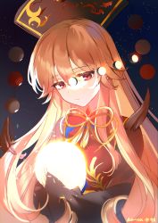 Rule 34 | 1girl, absurdres, black hat, chinese clothes, closed mouth, crescent, dress, hair between eyes, hat, highres, junko (touhou), kanta (pixiv9296614), long hair, long sleeves, moon, moon phases, moonlight, orange hair, phoenix crown, pom pom (clothes), solo, tabard, touhou, vest