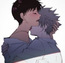 Rule 34 | 2boys, absurdres, bare shoulders, blush, brown hair, closed eyes, collared shirt, fingernails, grey hair, hair between eyes, hand on another&#039;s head, hand up, highres, ikari shinji, licking, licking another&#039;s neck, male focus, multiple boys, nagisa kaworu, neon genesis evangelion, open mouth, shirt, short hair, short sleeves, simple background, sweat, teeth, tongue, tousok, upper body, white background, white shirt, yaoi