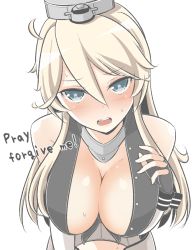 Rule 34 | 10s, 1girl, bad id, bad nicoseiga id, bare shoulders, blonde hair, blue eyes, breasts, cleavage, collar, commentary request, elbow gloves, english text, engrish text, fingerless gloves, gloves, headgear, iowa (kancolle), kantai collection, large breasts, long hair, looking at viewer, masupa kiriu, open mouth, ranguage, simple background, solo, star-shaped pupils, star (symbol), symbol-shaped pupils, teeth, white background