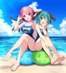 Rule 34 | 2girls, animal ears, bare arms, bare legs, bare shoulders, barefoot, beach, bird ears, bird wings, blue one-piece swimsuit, blush, breasts, cleavage, collarbone, commission, day, dog ears, earrings, fang, fingernails, full body, green eyes, green hair, highres, jewelry, kasodani kyouko, kisaragi koushi, large breasts, long fingernails, looking at viewer, multiple girls, mystia lorelei, nail polish, one-piece swimsuit, one eye closed, open mouth, outdoors, pink hair, red eyes, red nails, school swimsuit, sharp fingernails, short hair, single earring, skeb commission, small breasts, smile, swimsuit, touhou, water, white wings, wings, yukkuri shiteitte ne