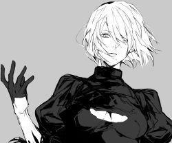 Rule 34 | 1girl, black gloves, gloves, greyscale, highres, looking at viewer, mole, mole under mouth, monochrome, more (strong oppai), nier:automata, nier (series), nishiii26miii, short hair, simple background, solo, white hair, 2b (nier:automata)